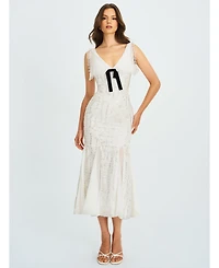 Miss Circle Women Paola White Peter Pan Collar Beaded Sequin Mermaid Midi Dress