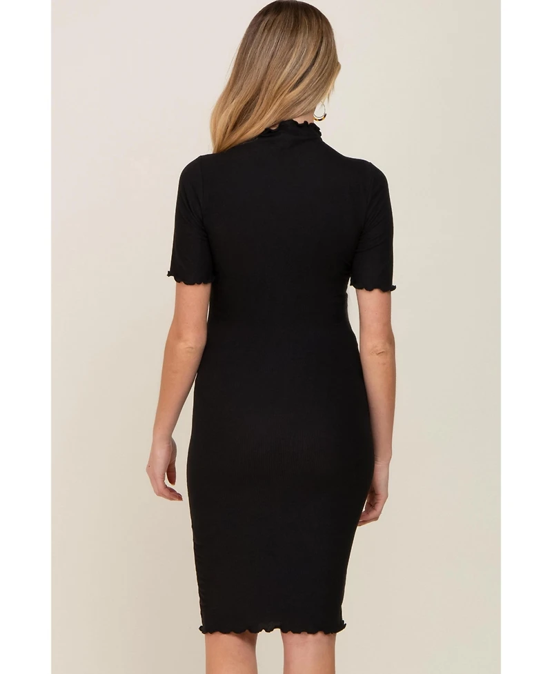 Pinkblush Maternity Black Ribbed Mock Neck Fitted Midi Dress