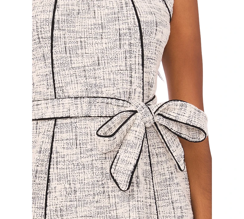 Msk Petite Short Sleeves Belted Tweed Midi Dress