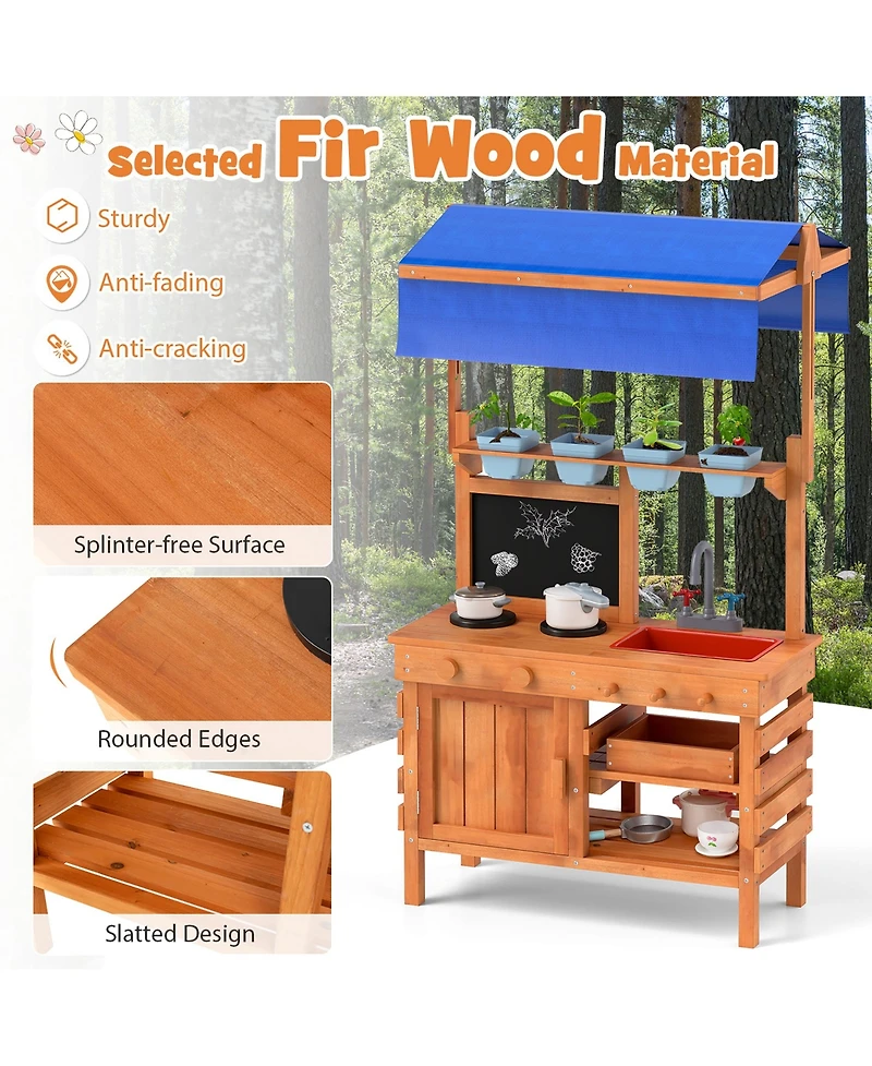 Gymax Mud Kitchen Wooden Pretend Play Kitchen w/ Height Adjustable Canopy