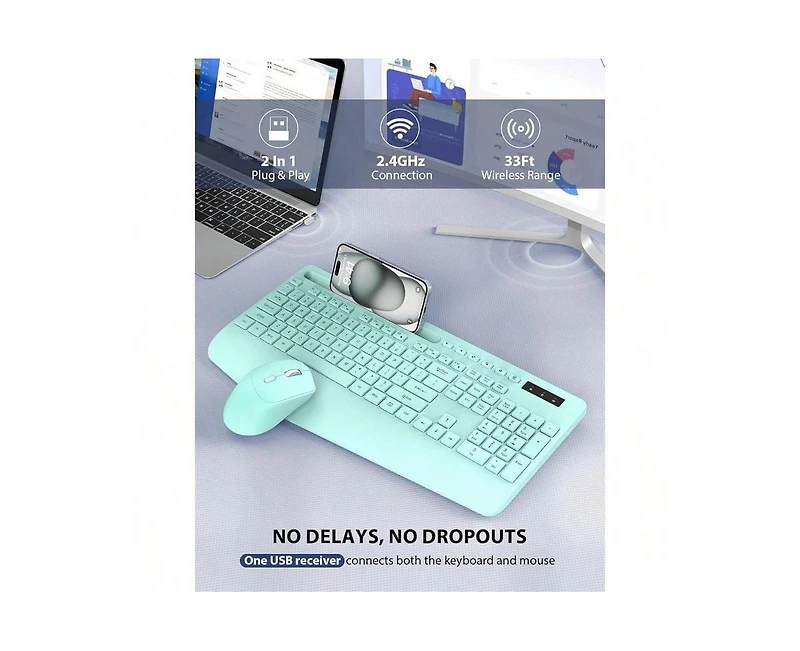 Wireless Keyboard And Mouse Combo - Full - Sized Keyboard With Wrist Rest, Phone Holder, 2.4GHz Cordless Keyboard Mouse Computer, Laptop