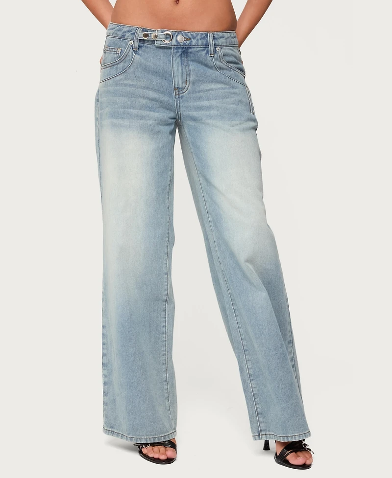 Edikted Women's Celia Grommet Washed Low Rise Jeans