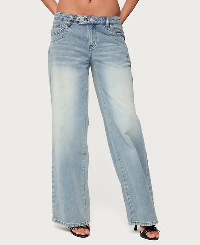 Edikted Women's Celia Grommet Washed Low Rise Jeans