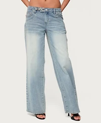 Edikted Women's Celia Grommet Washed Low Rise Jeans