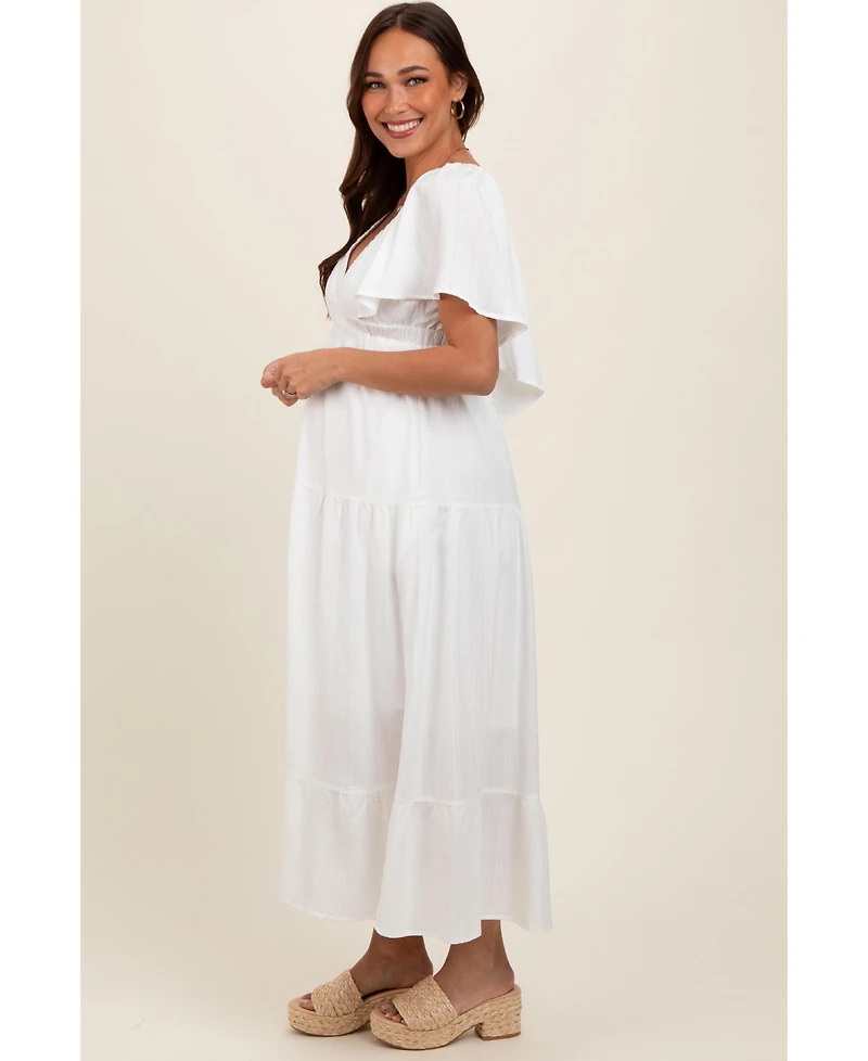 Pinkblush Maternity Ivory Deep V-Neck Flutter Sleeve Tiered Midi Dress