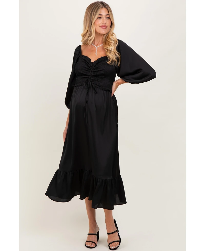 Pinkblush Maternity Black Satin Smocked Cinched Bust Midi Dress