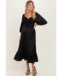 Pinkblush Maternity Black Satin Smocked Cinched Bust Midi Dress