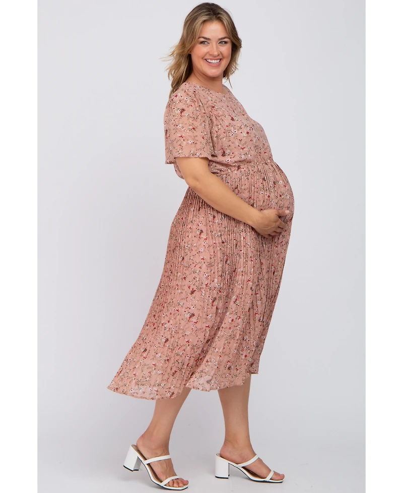 Pinkblush Plus Size Light Pink Floral Pleated Chiffon Midi Dress