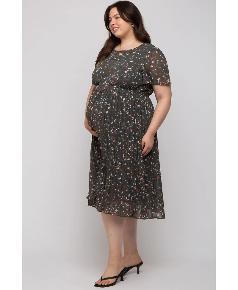 Pinkblush Plus Size Light Pink Floral Pleated Chiffon Midi Dress