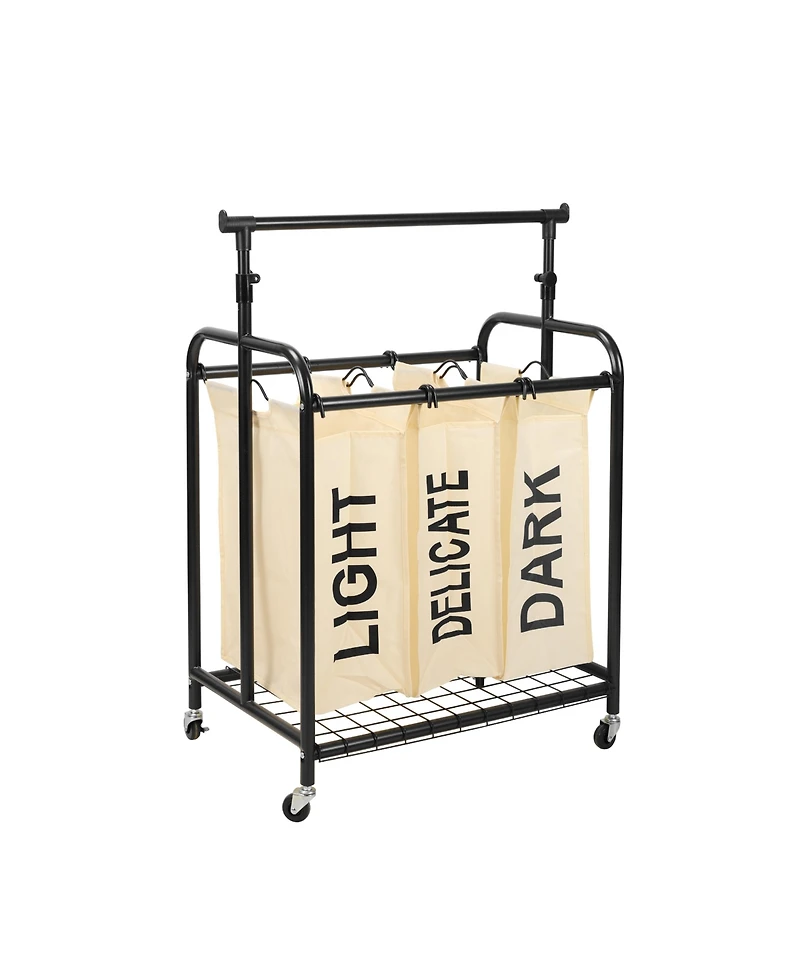 Oceanstar 3-Bag Rolling Laundry Sorter with Adjustable Hanging Bar