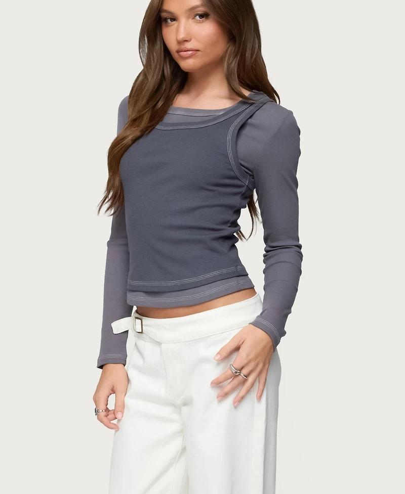 Edikted Womens Zane Contrast Layered Long Sleeve Top