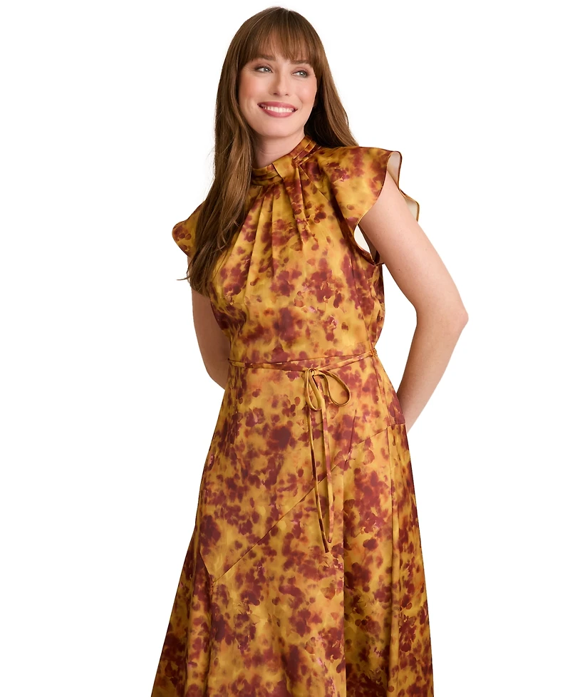 London Times Women's Mock Neck Flutter Sleeves Dress