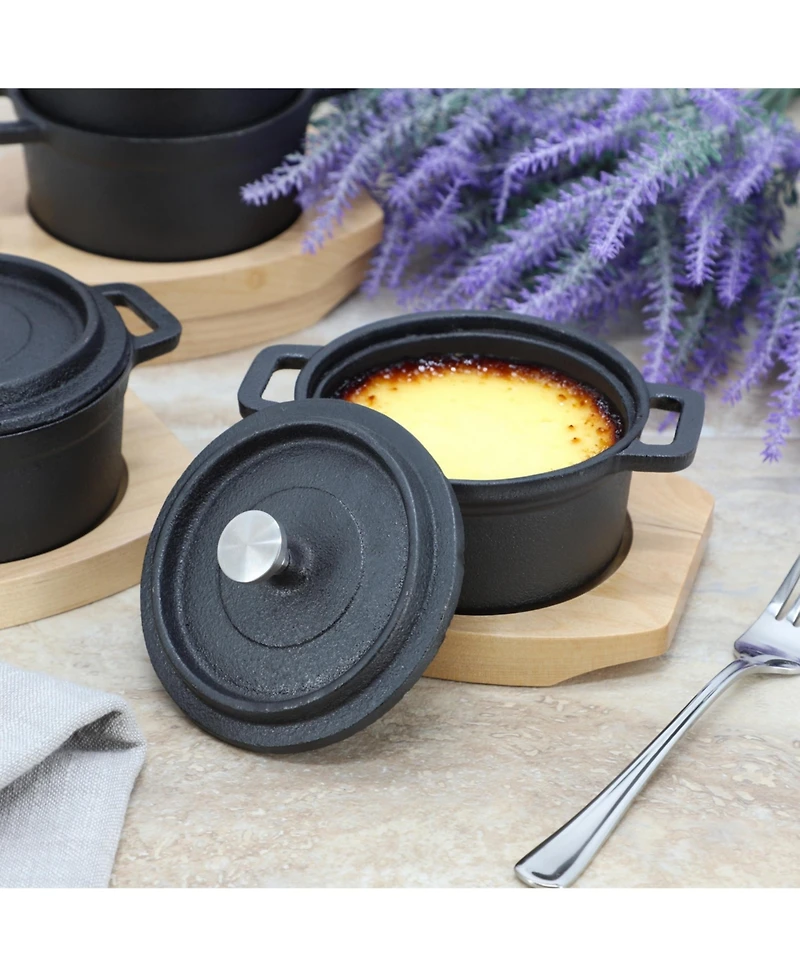 MegaChef Piece Cast Iron 8 Ounce Mini Dutch Oven with Wood Tray