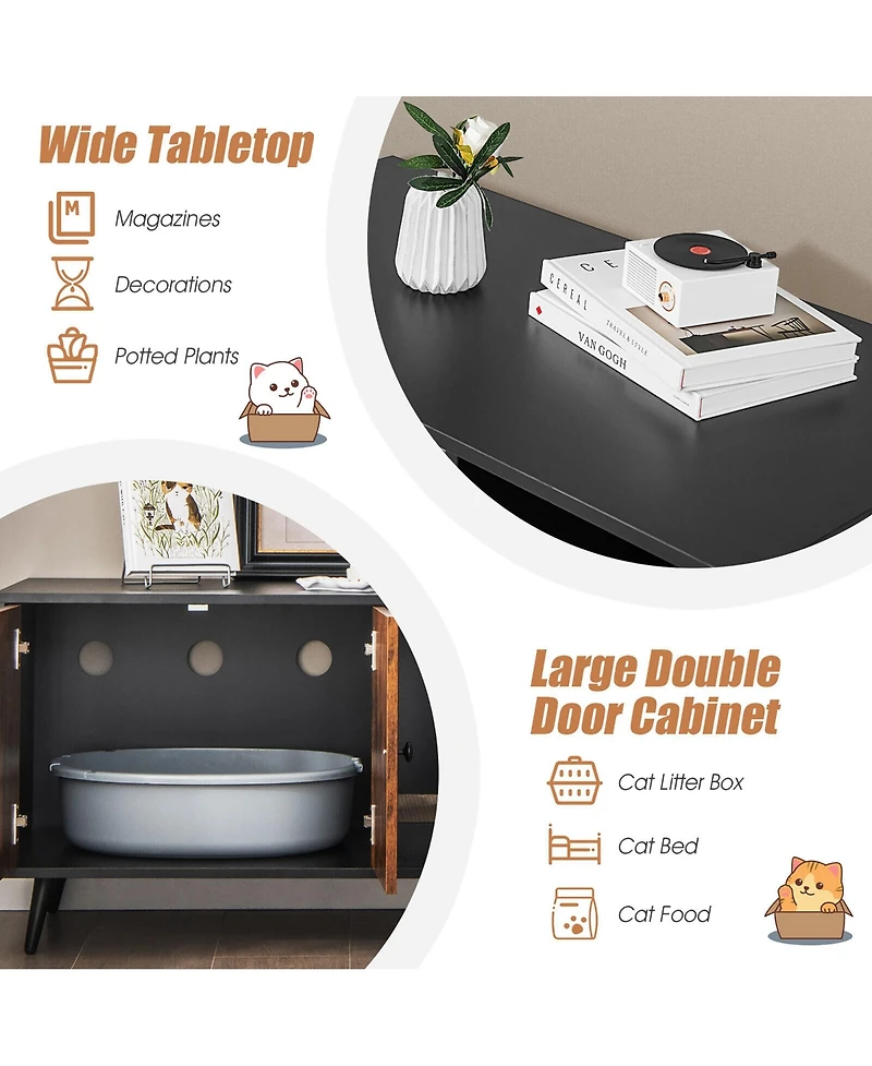 Gymax Cat Litter Box Enclosure w/ Cat Litter Catch Indoor Cat Cabinet for Living Room