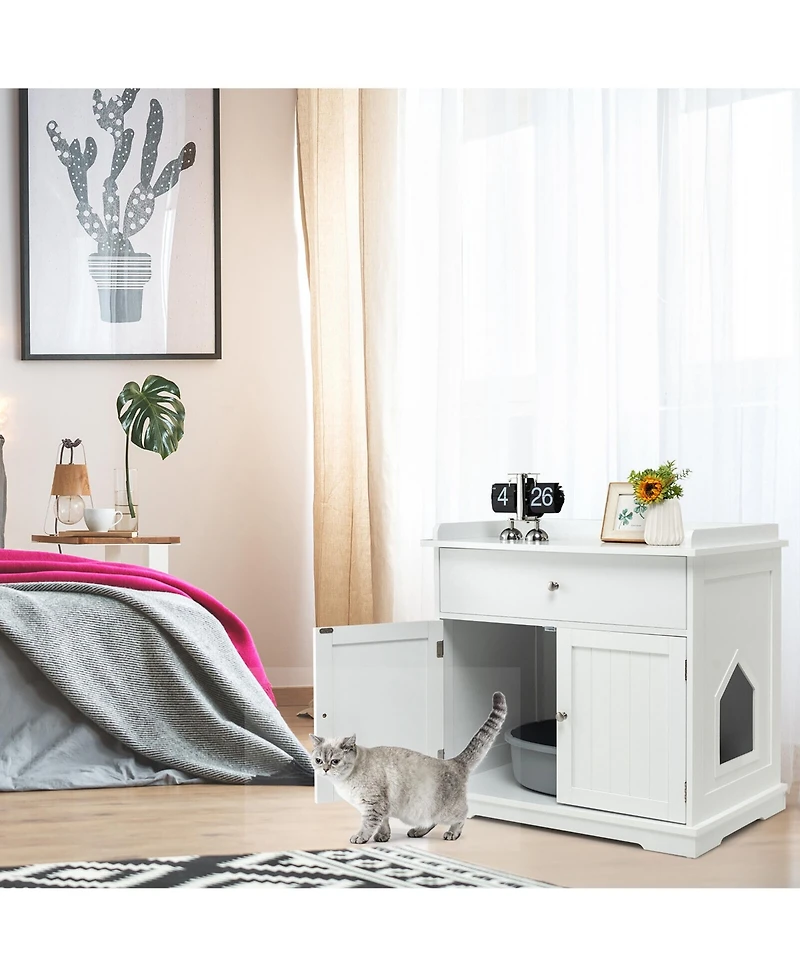 Gymax Wooden Cat Litter Box Enclosure w/ Drawer Side Table Furniture