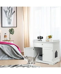 Gymax Wooden Cat Litter Box Enclosure w/ Drawer Side Table Furniture