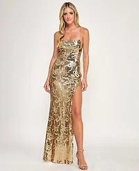 Seni & Cade Juniors' Bow Sequin Square Neck Long Dress