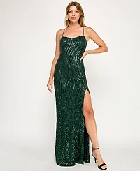 City Studios Women's Wavy Sequin Slim Open Back Long Dress