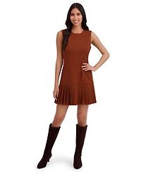 London Times Women's Sleeveless Pleated Crew Neck Short Dress