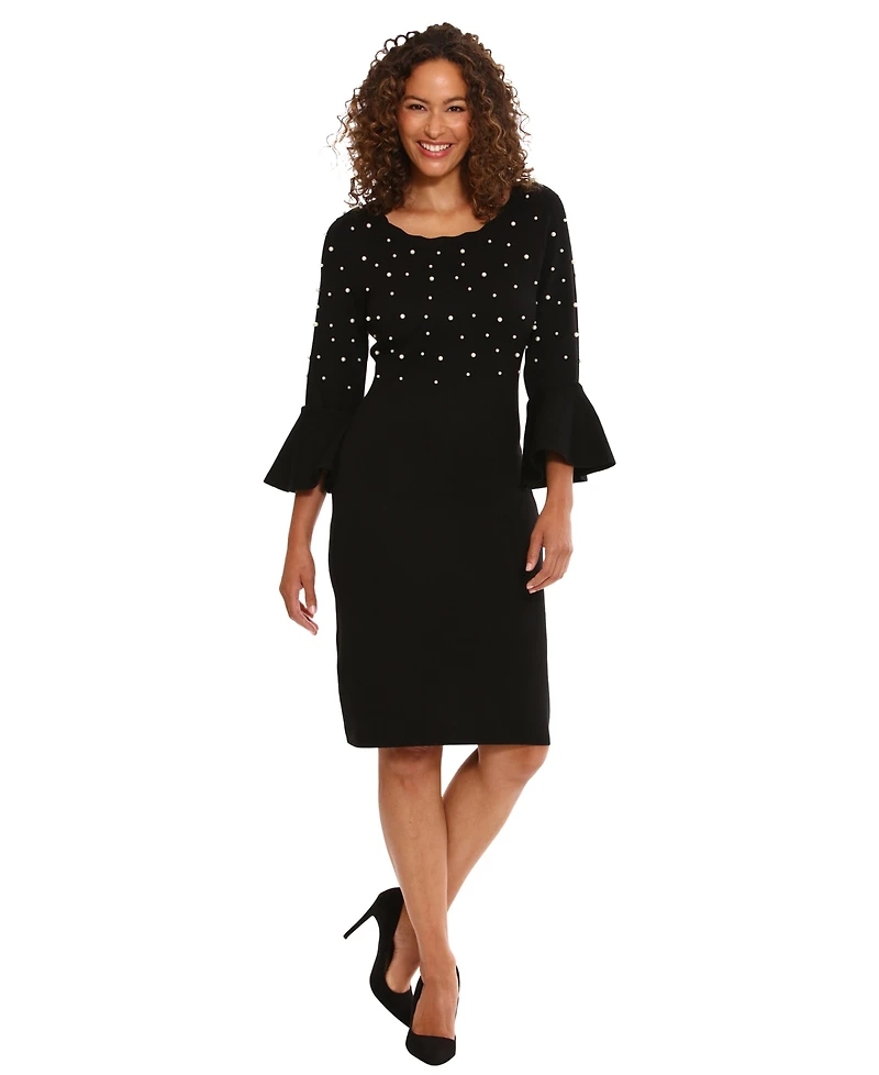 London Times Women's Bell Sleeve Crew Neck Body Con Dress