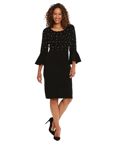 London Times Women's Bell Sleeve Crew Neck Body Con Dress