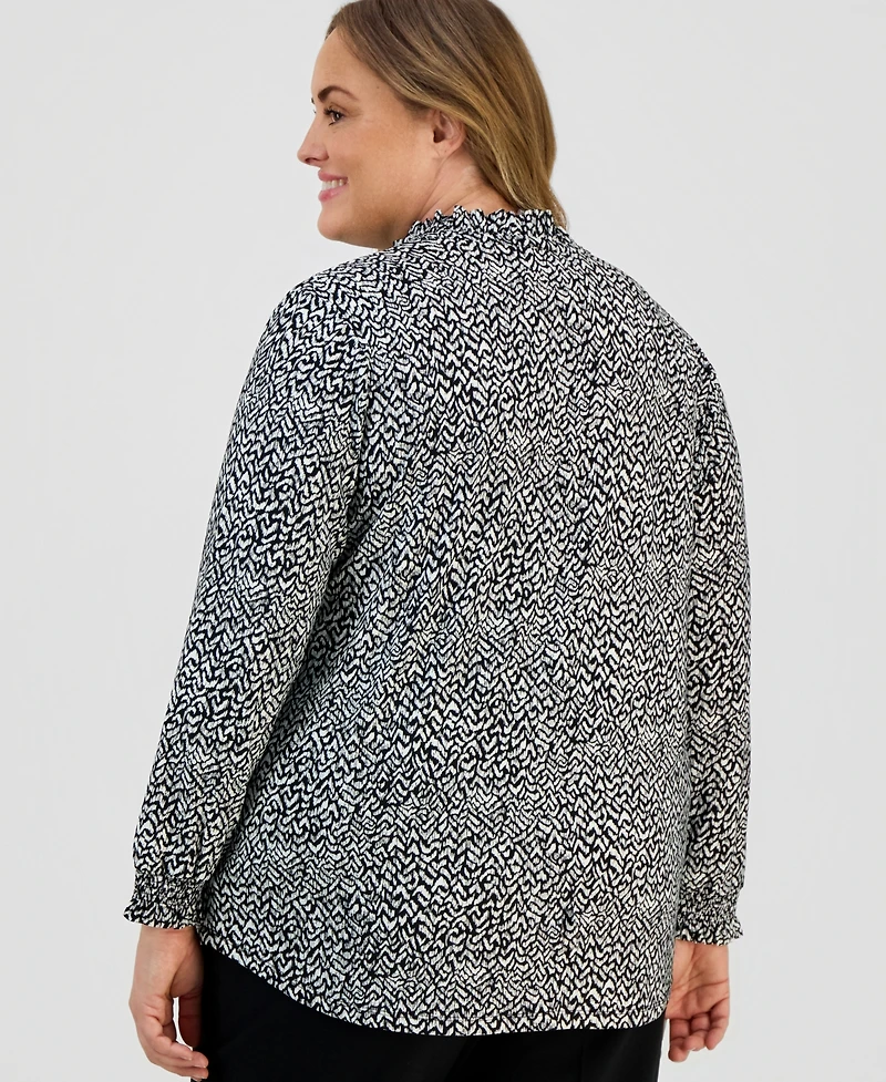 Ak Anne Klein Plus Ruffled-Neck Smocked-Cuff Top