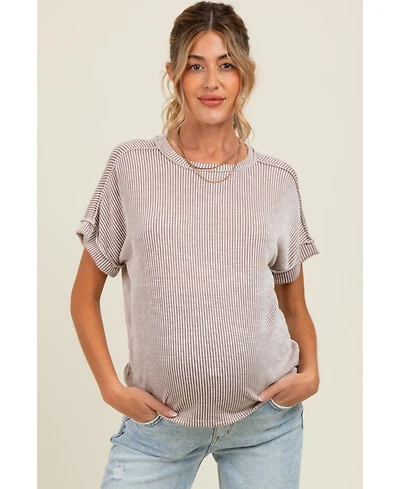 Pinkblush Maternity Taupe Ribbed Exposed Seam Short Sleeve Top