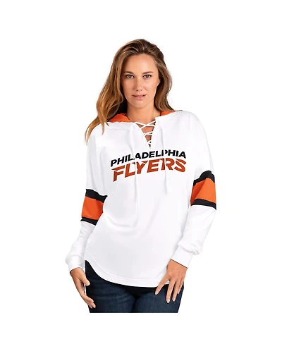 G-iii 4Her by Carl Banks Women's White Philadelphia Flyers Goal Zone Long Sleeve Lace-Up Hoodie T-Shirt