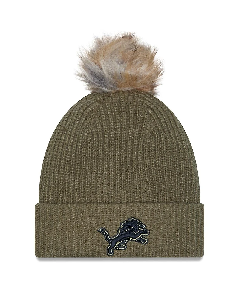New Era Women's Dark Green Detroit Lions 2025 Salute to Service Cuffed Knit with Pom Hat