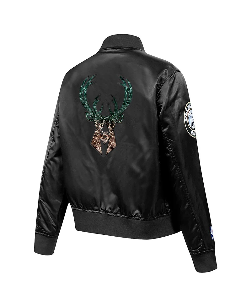 Pro Standard Women's Black Milwaukee Bucks Rhinestone Satin Full-Snap Jacket