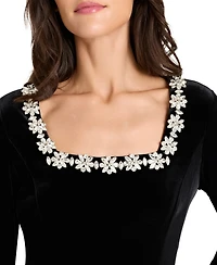 Tahari Asl Women's Rhinestone Square Neck Long Sleeve Velvet Gown