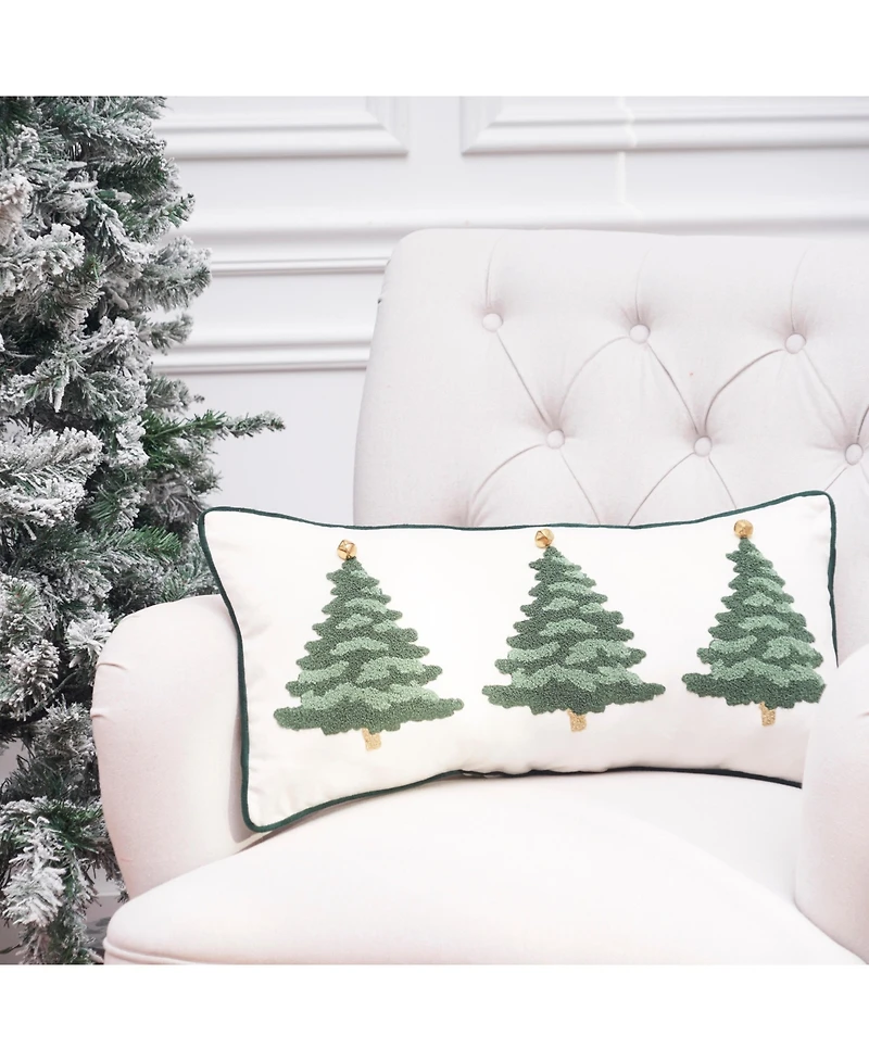 Flocked Evergreen Trees Embellished Christmas Accent Pillow 12" x 24"