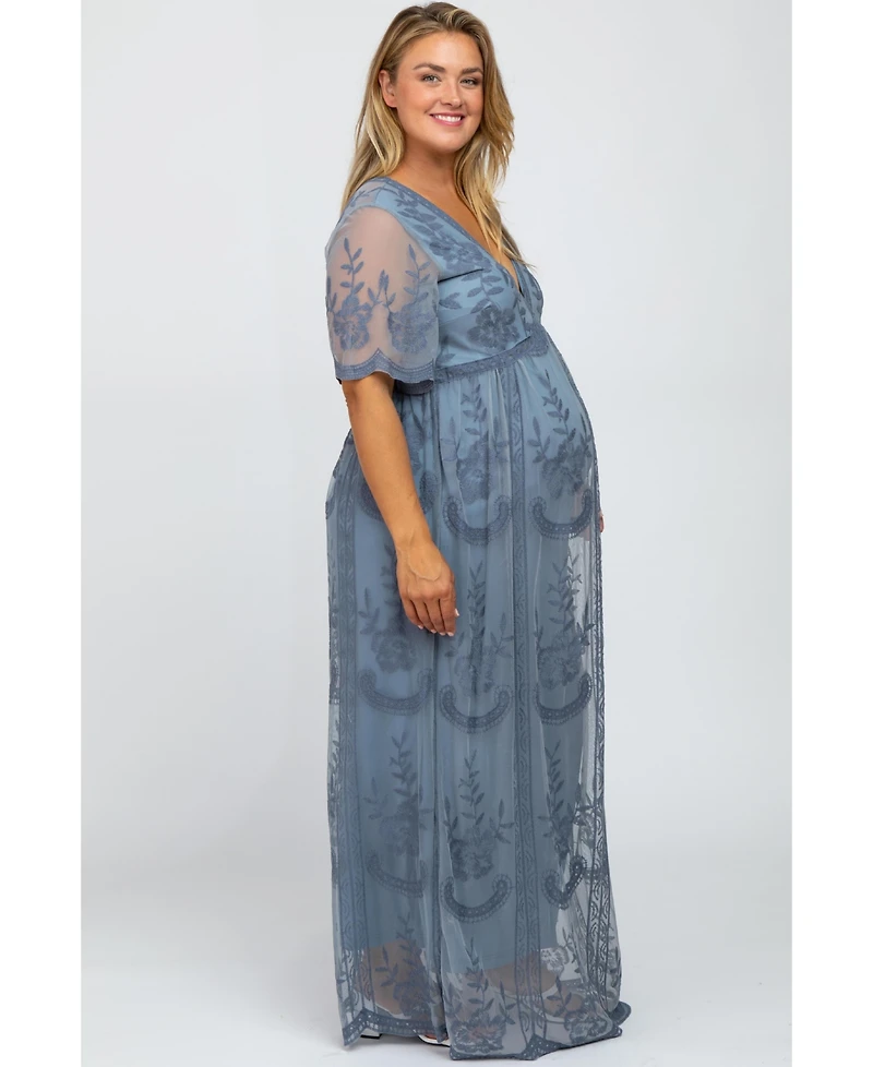 Pinkblush Plus Size Blue Lace Mesh Overlay Maxi Dress