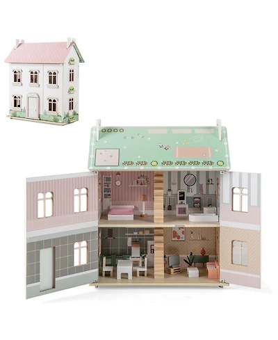 Sugift Kids Wooden Dollhouse 3 Level with Double-Sided Roofs and Doors