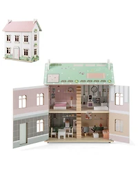 Sugift Kids Wooden Dollhouse 3 Level with Double-Sided Roofs and Doors