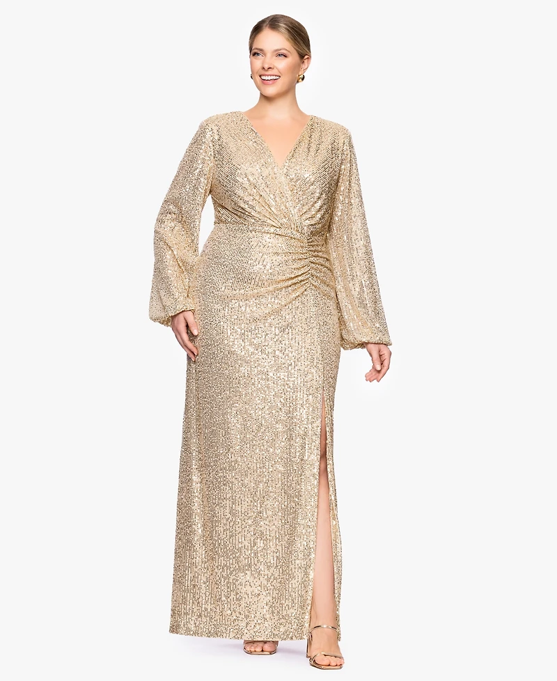 Betsy & Adam Plus Sequin V-Neck Long Bell Sleeves Dress
