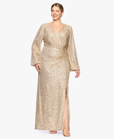 Betsy & Adam Plus Sequin V-Neck Long Bell Sleeves Dress