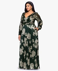 Betsy & Adam Plus Crinkle Foil Long Sleeves Dress
