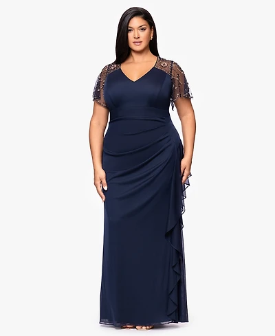 Xscape Plus Beaded Flutter Short Sleeves Sheath Dress