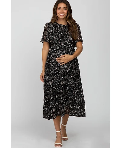 Pinkblush Maternity Teal Floral Pleated Chiffon Midi Dress