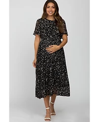 Pinkblush Maternity Teal Floral Pleated Chiffon Midi Dress