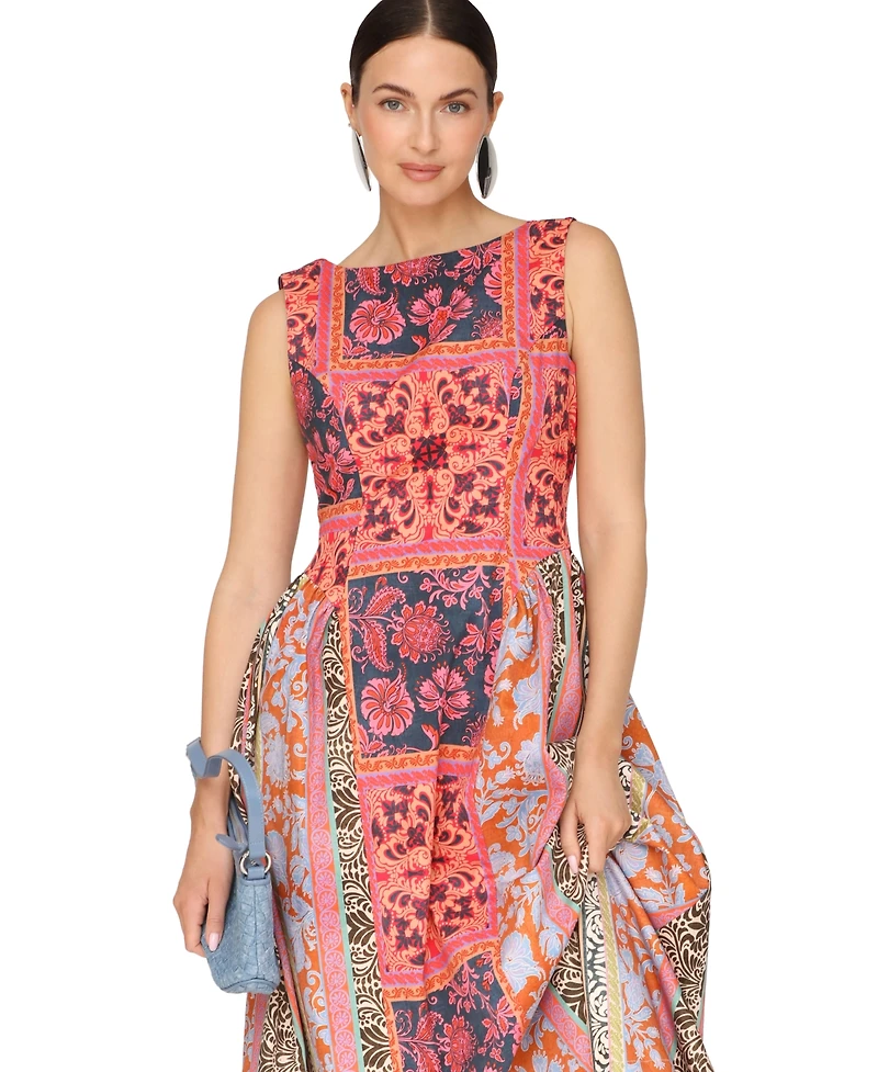 Avec Les Filles Women's Boat Neck Full Skirt Midi Dress
