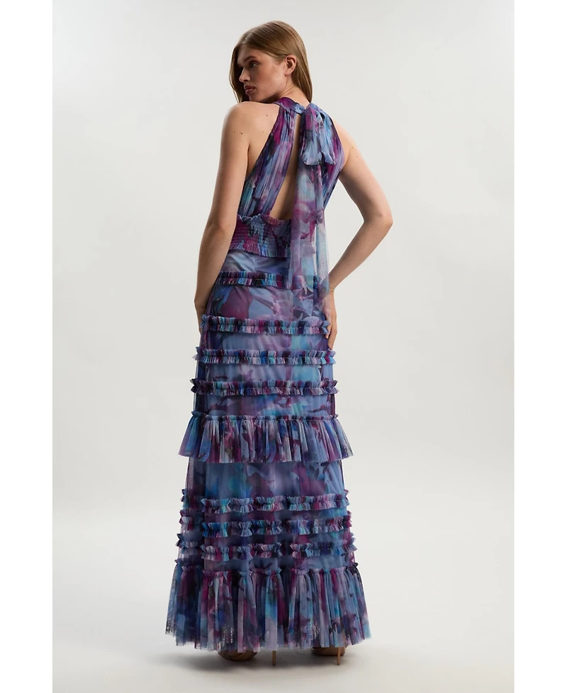 Karen Millen Women's Tulle Layered Halter Neck Maxi Dress