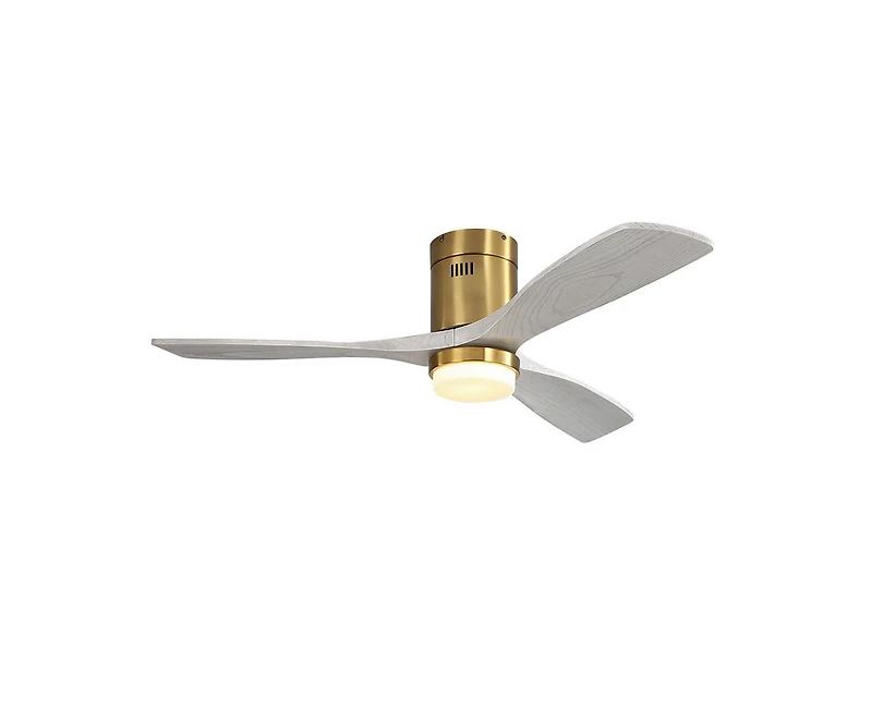 52-inch Modern Golden 3 Solid Wood Blades Flush Mount Tri color Adjustable Ceiling Fan Light with Remote Control