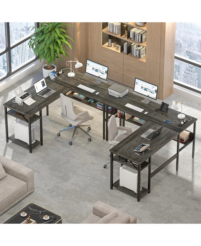 Aheaplus 47.2'' Mdf, Metal L-Shaped Desk with Power Outlet and Shelf, Reversible
