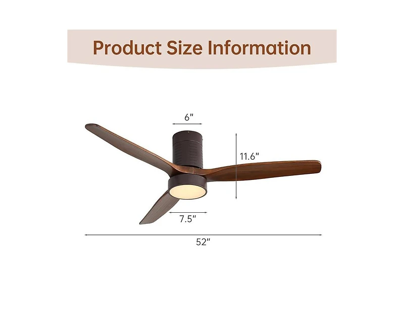 52-inch Modern 3-Blade Flush Mount Fans Supports Remote Control 6-Speed Arbitrary Adjustment and Timing Function