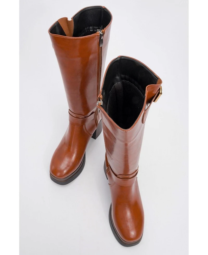 Prologue Shoes Rock Buckle Zip Block Heel Boot (Women)