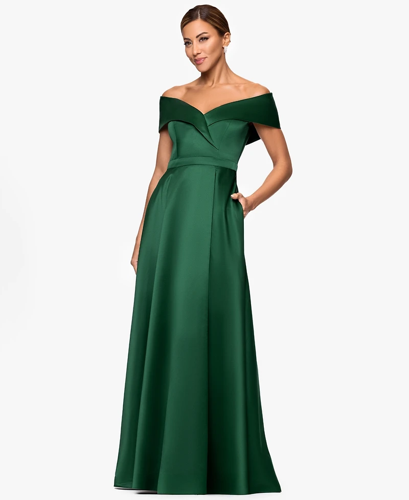 Xscape Petite Long Satin Off-The-Shoulder A-Line Gown