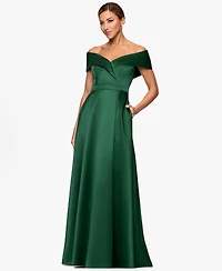 Xscape Petite Long Satin Off-The-Shoulder A-Line Gown
