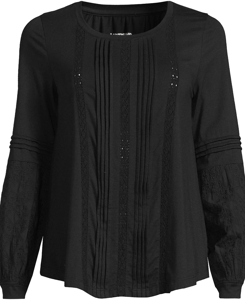 Lands' End Plus Lightweight Jersey Lace Mix Long Sleeve Pintuck Top